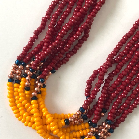 Handmade boho tribal necklace red, Prussian blue and marigold, 22” - Picture 3 of 6